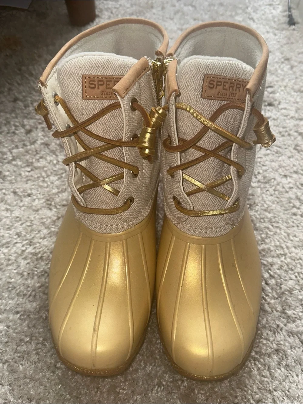 Sperry Metallic Gold and Cream Waterproof Duck Boots